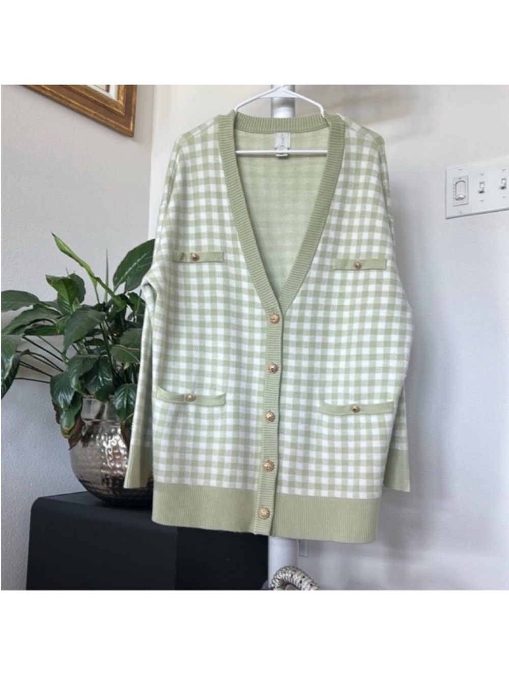 Joie Gingham knit Button Up Longline Sweater Cardigan Sz XL Mint Green White